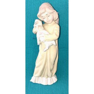 Vintage Duncan Royale Girl Holding Lamb Yellow Gown 12” Bone China Figurine